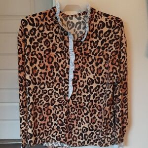 Umgee Leopard Print Button-Up Blouse Trimmed In Blue & White Xl